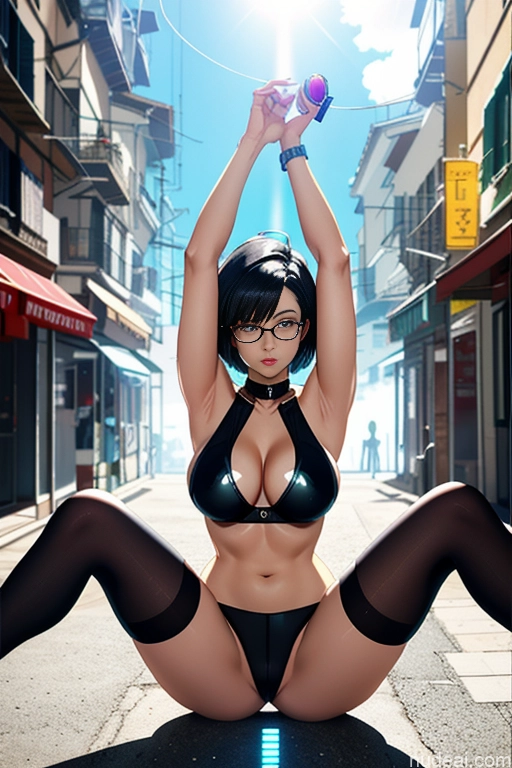 Woman One Busty Short Short Hair Glasses Fairer Skin 60s Sexy Face Black Hair Bobcut French Soft Anime Party Front View Jumping Pearl Jewelry Bright Lighting Simple Nude 60s Transparent