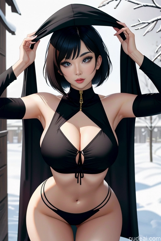 Woman One Perfect Boobs Beautiful 18 Sexy Face Black Hair Bobcut Straight Asian Arabic Front View Big Ass Detailed Apron Snow