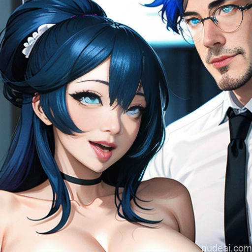 Woman + Man Huge Boobs 18 Looking_through_legs Ahegao (smile) Dark Lighting Blue Hair Messy Soft Anime