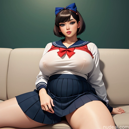 Couch 18 Chubby Huge Boobs On Back Spreading Legs Short Hair Bows Shirt Sweater Sailor High Socks Long Skirt