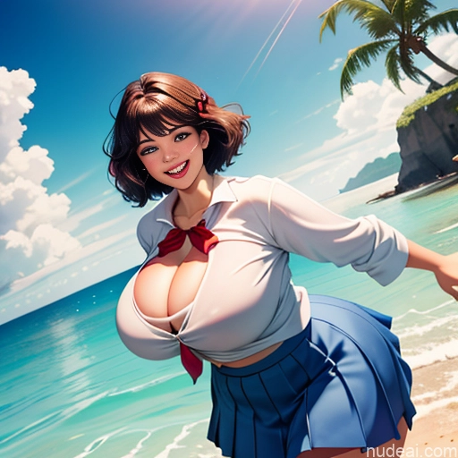 18 Chubby Huge Boobs Short Hair Bows Shirt Sweater Sailor High Socks Long Skirt Happy