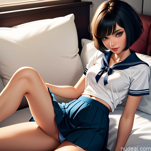 18 Short Hair Bows Shirt Sweater Sailor High Socks Long Skirt Bedroom Spreading Legs On Back Sleeping Small Tits Skinny Short