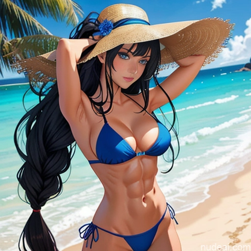 Woman Model Athlete Busty Abs Tall Long Hair 18 Sexy Face Deep Blue Eyes Black Hair Hime Cut Beach Bikini Hat Sunglasses