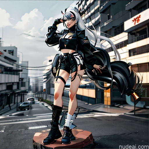 Woman One Perfect Body Girl 20s Seductive White Hair Long Hair Bangs Messy White Black And White Soft Anime Crisp Anime Cyberpunk Tokyo Front View Boots Choker Crop Top Face Mask Gloves Jacket Short Shorts Thigh Socks Whale Tail (Clothing) Urban Samurai V2