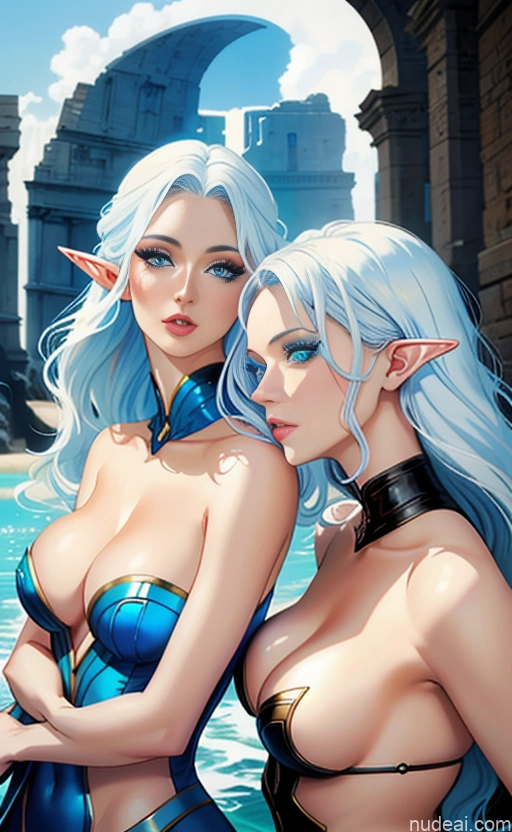 Two Model 20s Deep Blue Eyes Seductive White Hair Blue Hair Wavy Hair Straight Art By Boris Vallejo Boris Vallejo Art Style Fantasy Style Jeff Easley Double-fold Eyelids Adjuster Rome Bright Lighting