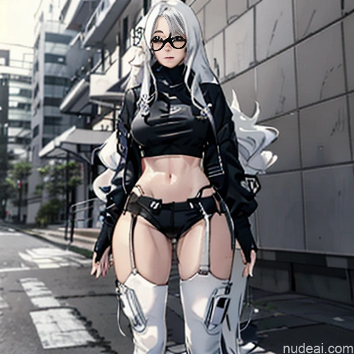 Woman One Glasses Perfect Body Long Hair 20s Seductive White Hair Straight Bangs White Aogami Soft Anime Crisp Anime Tokyo Urban Samurai V2 Whale Tail (Clothing) Short Shorts Thigh Socks Crop Top Jacket