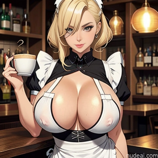 Bimbo One Huge Boobs Perfect Boobs Beautiful Perfect Body Huge Tits, Hard Nipples Blonde Bar Cafe Apron Dirndl Medieval Waitress Pokies Cleavage Transparent