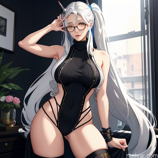 Woman One Glasses Long Hair 20s Seductive White Hair Ponytail Bangs White Soft Anime Crisp Anime Bedroom Virgin Killer Sweater V4 Thigh Socks Skinny