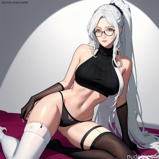 Woman One Glasses Long Hair 20s Seductive White Hair Bangs White Soft Anime Crisp Anime Bedroom Virgin Killer Sweater V4 Thigh Socks Skinny Straddling Messy