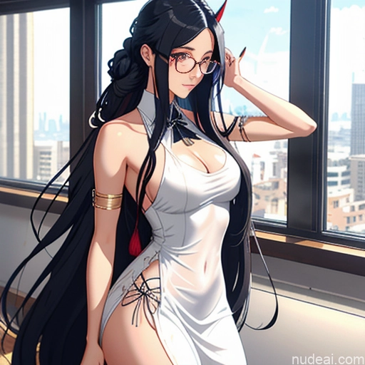 ai nude image of pics of Woman One Glasses Long Hair 20s Seductive White Hair Bangs White Soft Anime Crisp Anime Bedroom Skinny Messy Dance Dress: Belly Dance Yoga