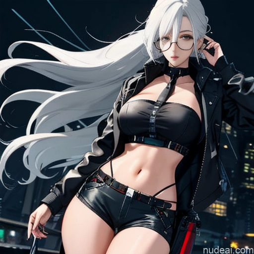 Woman One Skinny Long Hair Glasses 20s Seductive White Hair Straight Bangs White Close-up View Crop Top Jacket Short Shorts Whale Tail (Clothing) Thigh Socks Urban Samurai V1 Tokyo