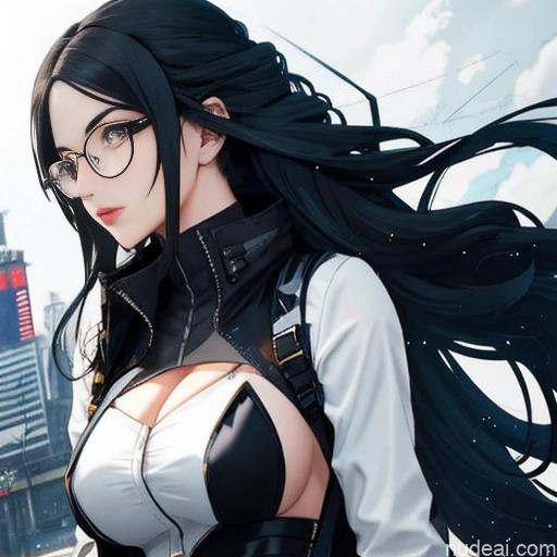 Woman One Skinny Long Hair Glasses 20s Seductive White Hair Straight Bangs White Close-up View Crop Top Jacket Short Shorts Whale Tail (Clothing) Thigh Socks Urban Samurai V1 Tokyo