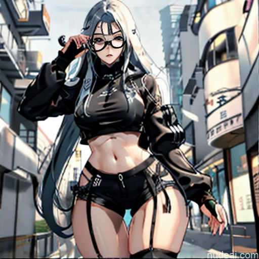 Woman One Skinny Long Hair Glasses 20s Seductive White Hair Straight Bangs White Close-up View Crop Top Jacket Short Shorts Whale Tail (Clothing) Thigh Socks Tokyo Urban Samurai V2