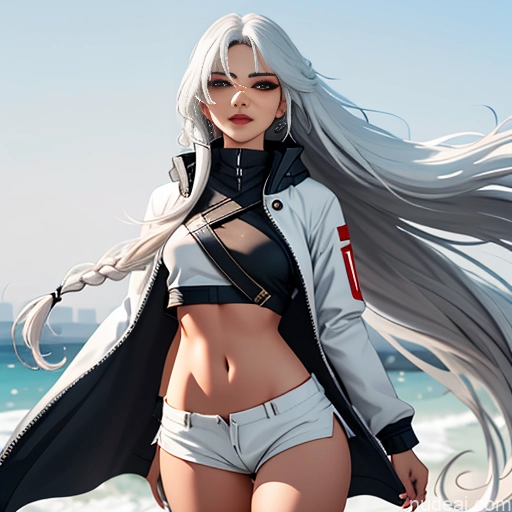 Woman One Skinny Long Hair 20s Seductive White Hair Straight Bangs White Close-up View Crop Top Jacket Short Shorts Whale Tail (Clothing) Thigh Socks Tokyo Urban Samurai V2 MASK