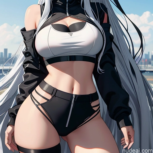 Woman One Skinny Long Hair 20s Seductive White Hair Straight Bangs White Close-up View Crop Top Jacket Short Shorts Whale Tail (Clothing) Thigh Socks Tokyo Urban Samurai V2 MASK