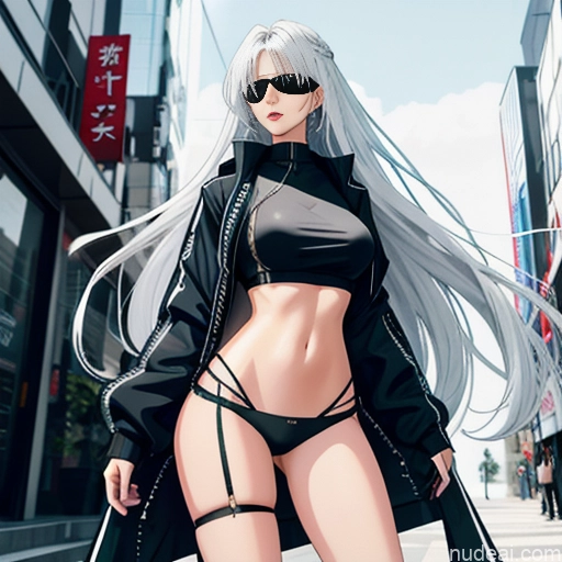 Woman One Skinny Long Hair 20s Seductive White Hair Straight Bangs White Close-up View Crop Top Jacket Short Shorts Whale Tail (Clothing) Thigh Socks Tokyo Urban Samurai V2 MASK