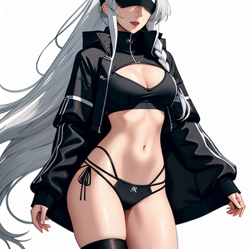 Woman One Skinny Long Hair 20s Seductive White Hair Straight Bangs White Close-up View Crop Top Jacket Short Shorts Whale Tail (Clothing) Thigh Socks Tokyo Urban Samurai V2 MASK