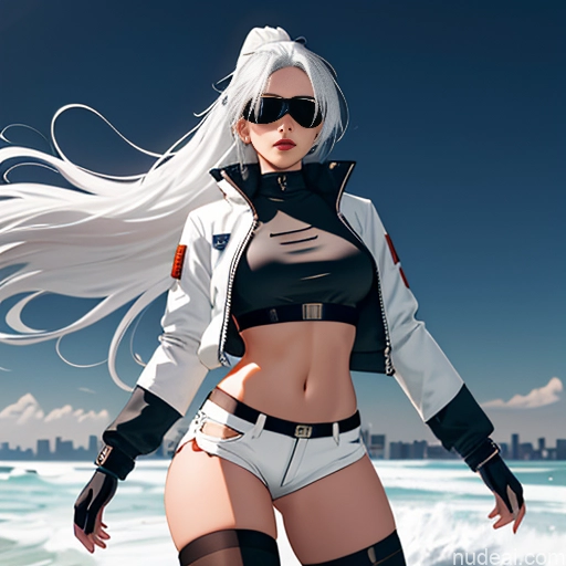 Woman One Skinny Long Hair 20s Seductive White Hair Straight Bangs White Close-up View Crop Top Jacket Short Shorts Whale Tail (Clothing) Thigh Socks Tokyo Urban Samurai V2 MASK Cyberpunk