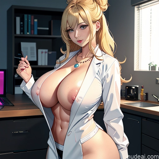 Milf One Huge Boobs Perfect Boobs Beautiful Thick Big Hips Perfect Body Huge Tits, Hard Nipples Hair Bun Office Cleavage Transparent Pearl Jewelry Dark Lighting Soft + Warm Skin Detail (beta) Hospital Lab Coat Partially Nude No Panties? Blonde Bimbo