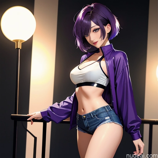 related ai porn images free for One Small Tits Big Ass Thick Long Legs Short Hair 20s Purple Hair Messy Japanese Front View Dark Lighting Detailed Woman Laughing Soft Anime Bedroom Panties Crop Top