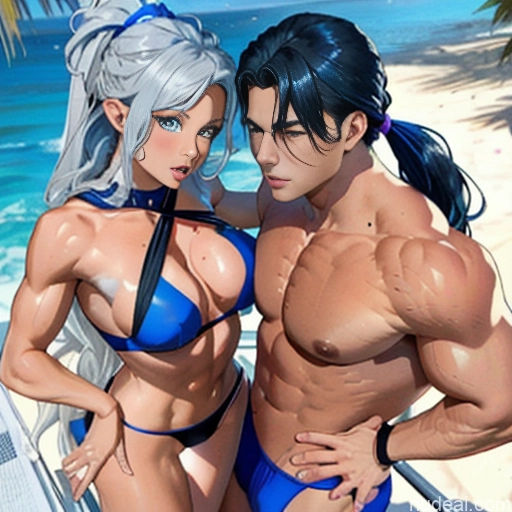 related ai porn images free for Model Athlete Woman + Man Two Busty Beautiful Muscular Abs Tall Long Hair Tanned Skin 20s Seductive Sexy Face Deep Blue Eyes Black Hair Bangs Straight Hime Cut Anime Bathroom Front View Bathing Nipple Tweak Tittysuck Nude