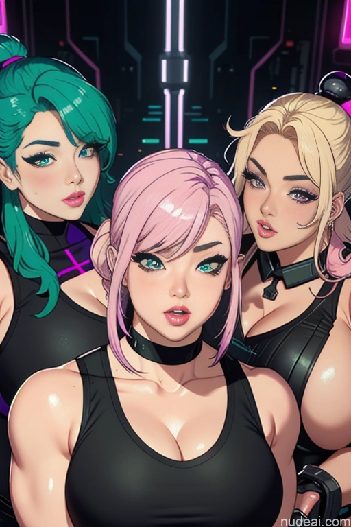 Several Woman Milf Cyborg Bimbo Chubby Pubic Hair Muscular Beautiful 20s 30s 40s Seductive Pink Hair Purple Hair Green Hair Pixie Pigtails Slicked Latina Korean Japanese Cyberpunk Bedroom Front View Massage Dominatrix Fantasy Armor Sci-fi Armor Partially Nude Bright Lighting