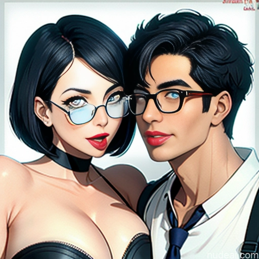 Woman + Man Two Perfect Boobs Beautiful Glasses Lipstick Big Ass Short Hair Perfect Body 30s Black Hair Bobcut Indonesian Bedroom Ahegao (smile) Maske's Balls Deep Deepthroat Dress