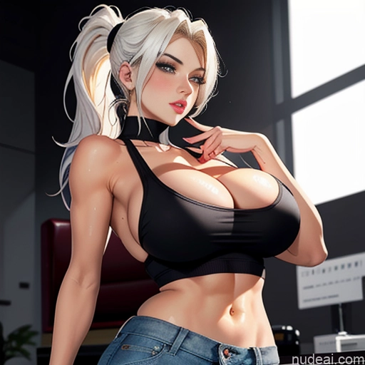 ai nude image of pics of Woman One Huge Boobs Perfect Boobs Beautiful Perfect Body Huge Tits, Hard Nipples 18 Blonde White Hair Ponytail Soft + Warm Skin Detail (beta) Short Shorts Tank Top Cleavage Transparent Jeans Undone Jewelry Pokies Office Dark Lighting Pouting Lips Sexy Face Couch