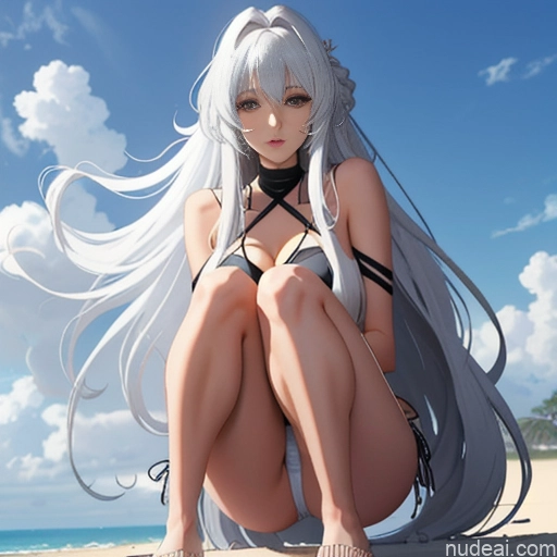 related ai porn images free for Woman One Skinny Long Hair 20s Seductive White Hair Bangs Messy White Soft Anime Beach Pose Squating Bikini