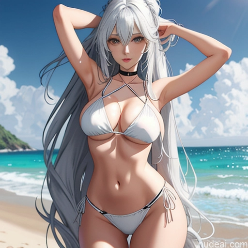 ai nude image of pics of Woman One Skinny Long Hair 20s Seductive White Hair Bangs Messy White Soft Anime Beach Yoga True Off-shoulder Bikini Crisp Anime