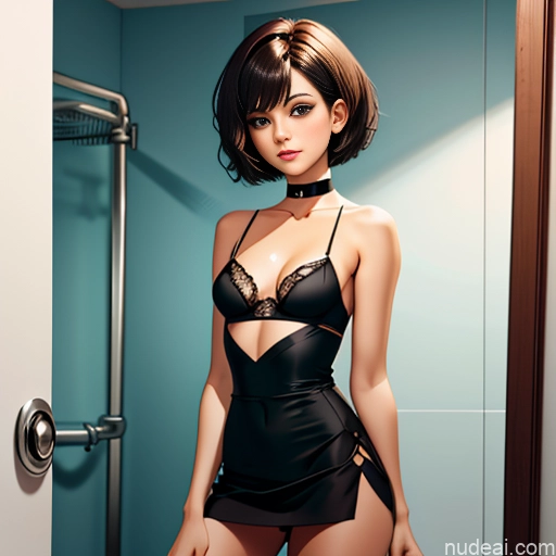 ai nude image of pics of One Sorority Skinny Small Tits Small Ass Short Short Hair 18 Brunette Pixie White Soft Anime Bathroom Choker Fishnet Dress