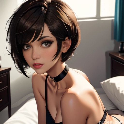 ai nude image of pics of One Sorority Skinny Small Tits Small Ass Short Short Hair Brunette Pixie Messy White Soft Anime Bedroom Choker Mesh Jumpsuit Straddling Devil