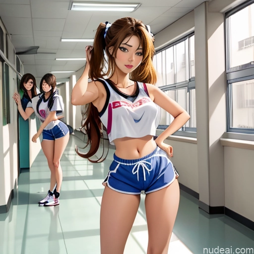 Asian Sorority Two 18 Sexy Face Blonde Brunette Pigtails Straight Soft Anime School Hallway Dolphin Shorts Scissors Pose