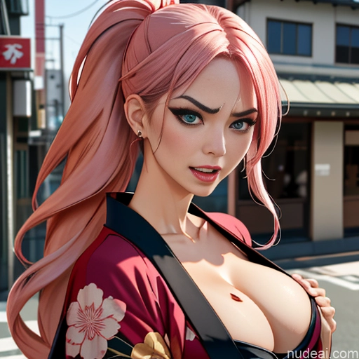 Kimono No Panties? Jewelry Partially Nude Street White Japanese Mmitsuri Laughing Angry Pink Hair Green Hair Huge Boobs Big Hips One Woman