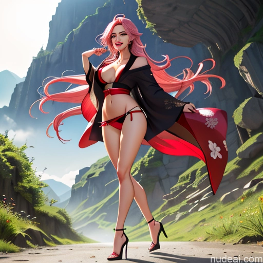 Kimono No Panties? Jewelry White Japanese Mmitsuri Laughing Angry Pink Hair Green Hair Huge Boobs Big Hips One Woman Mountains Meadow Bright Lighting Simple Crisp Anime Braided Long Legs Fairer Skin