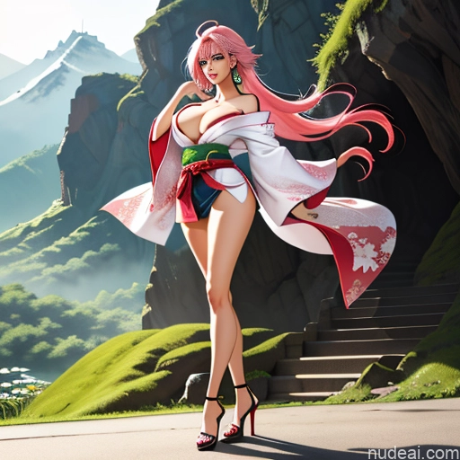 Kimono No Panties? Jewelry White Japanese Mmitsuri Pink Hair Green Hair Huge Boobs Big Hips One Woman Mountains Meadow Bright Lighting Simple Crisp Anime Braided Long Legs Fairer Skin