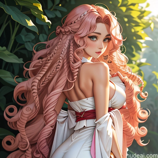 Kimono White Japanese Mmitsuri Pink Hair Green Hair Huge Boobs Big Hips One Woman Meadow Crisp Anime Braided Fairer Skin Busty Big Ass Curly Hair