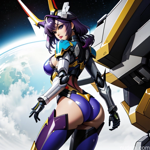 SuperMecha: A-Mecha Musume A素体机娘 Leon Raymond Fantasy Armor Butt Bite Pantsuit Rainbow Haired Girl Purple Hair