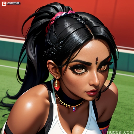 ai nude image of pics of Dark Skin Indian Tribal Goth Huge Boobs Beautiful Black Hair Close-up View Bending Over Soccer Sports Bra Cleavage Braided Ponytail