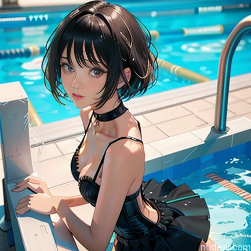 One 18 Skinny Small Tits Small Ass Short Short Hair Brunette Pixie White Choker Better Swimwear Beach Tutu Pose 不小心摔倒 Fallen_down Pool