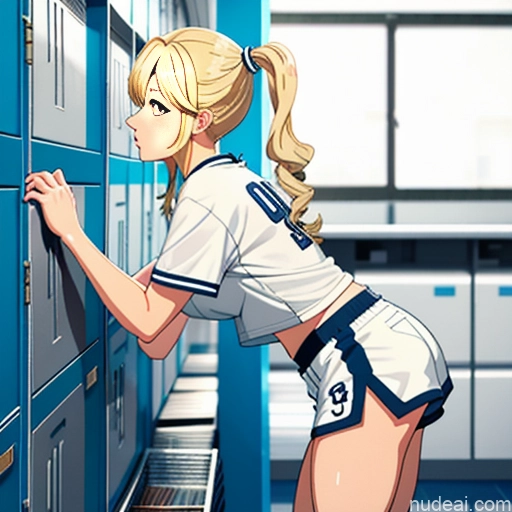 One Sorority 20s Blonde Pigtails White Locker Room Side View Bending Over Basketball Short Shorts Shirt Soft Anime