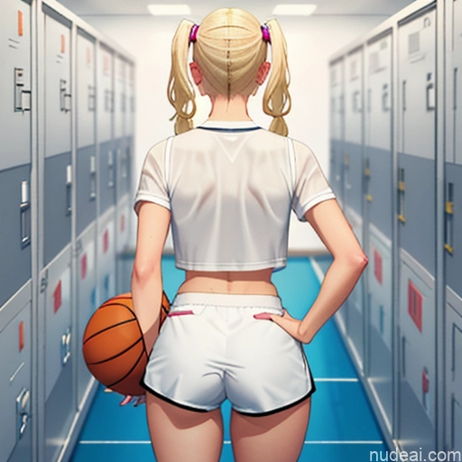 One Sorority 20s Blonde Pigtails White Locker Room Bending Over Basketball Short Shorts Shirt Soft Anime Back View