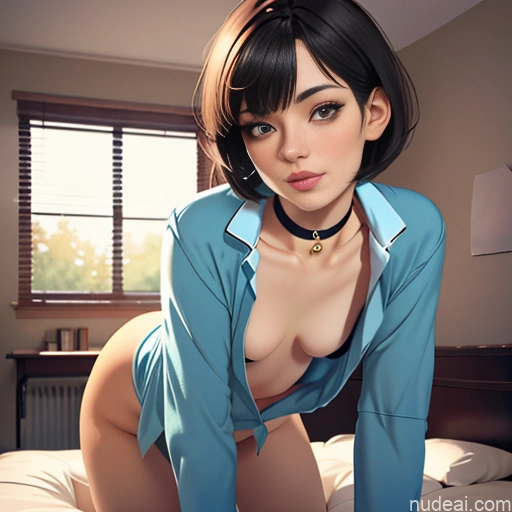 One Sorority Skinny Small Tits Small Ass Short Short Hair 18 Brunette Pixie White Soft Anime Choker Pajamas Bedroom Sleeping Downblouse: 俯身露乳