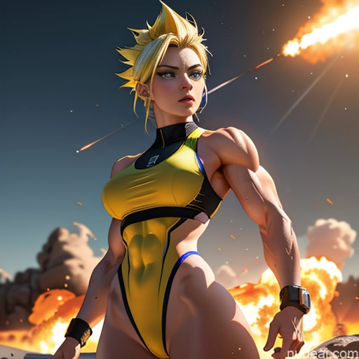 Super Saiyan Woman Bodybuilder Front View Battlefield Cosplay