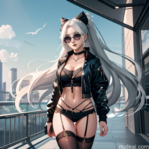 Woman One Skinny Long Hair Glasses Micro Shorts 20s Seductive White Hair Bangs Straight White Soft Anime Tokyo Choker Thigh Socks Goth Gals V1 Whale Tail (Clothing) Crisp Anime Crop Top Jacket