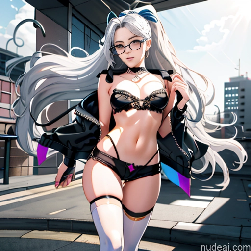 Woman One Skinny Long Hair Glasses Micro Shorts 20s Seductive White Hair Bangs Straight White Soft Anime Tokyo Choker Thigh Socks Goth Gals V1 Whale Tail (Clothing) Crisp Anime Crop Top Jacket Undressing Bra