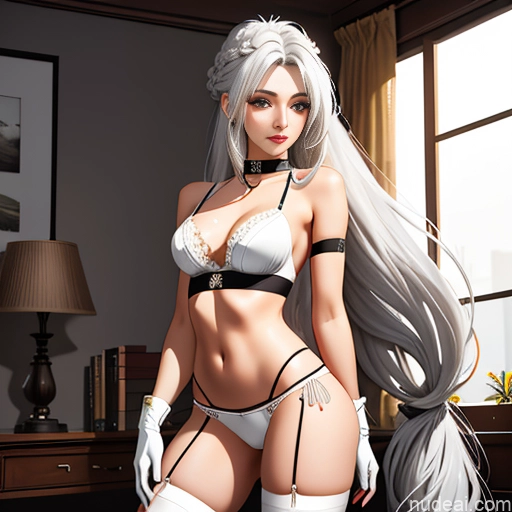 related ai porn images free for Woman One Skinny Long Hair 20s Seductive White Hair Bangs Straight White Soft Anime Thigh Socks Crisp Anime Choker Bedroom Gloves Panties Bra On Back