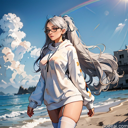 Woman One Skinny Long Hair 20s Seductive White Hair Bangs Straight White Soft Anime Crisp Anime Bedroom On Back Thigh Socks Sweater Choker Oversized Sweater/Hoodie Pov Panties Busty Glasses