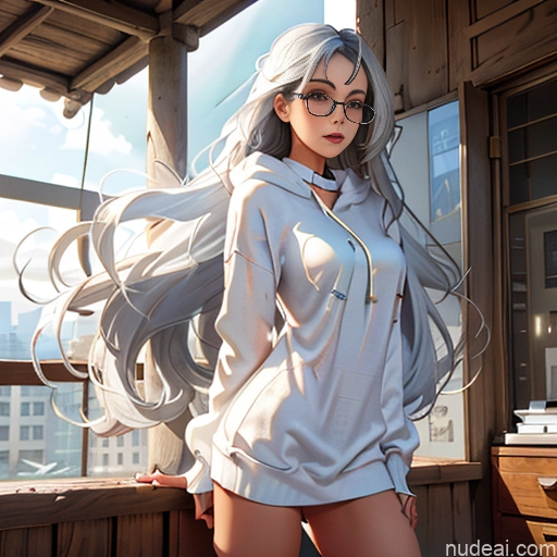 Woman One Skinny Long Hair 20s Seductive White Hair Bangs White Soft Anime Crisp Anime Bedroom Thigh Socks Sweater Choker Oversized Sweater/Hoodie Busty Glasses Messy Panties