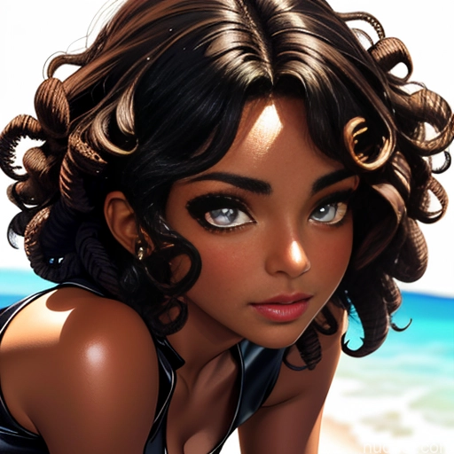 Dark Skin Goth Tribal Oiled Body Huge Boobs Short Hair Curly Hair Pouting Lips Black Hair Black African Soft Anime Close-up View Bending Over Sailor Spandex Fishnet Cleavage